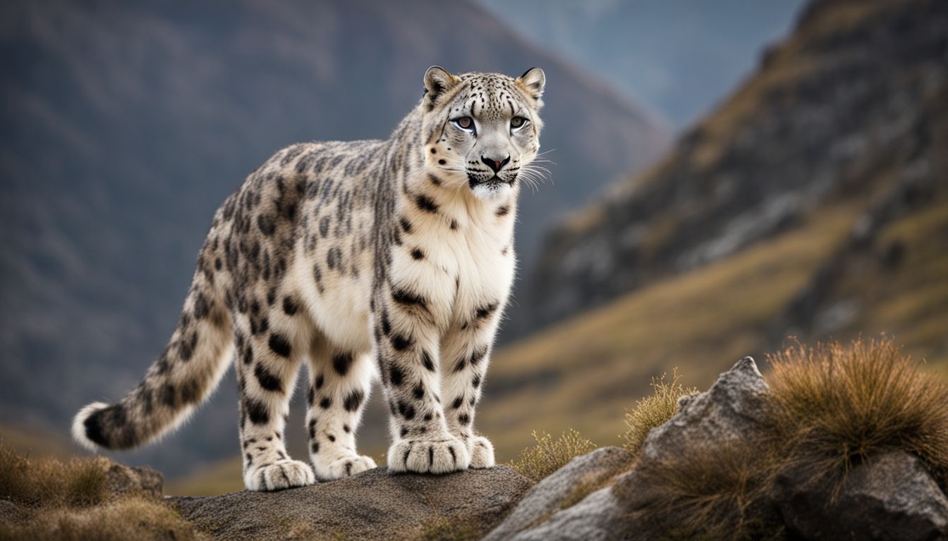 A snow leopard standing majestically in a rugged mountain landscape. A snow leopard standing majestically in a rugged mountain landscape.