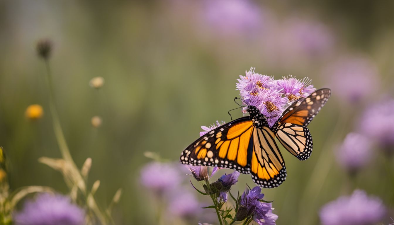 A cluster of migrating monarch butterflies resting on a vibrant field of wildflowers. A cluster of migrating monarch butterflies resting on a vibrant field of wildflowers.