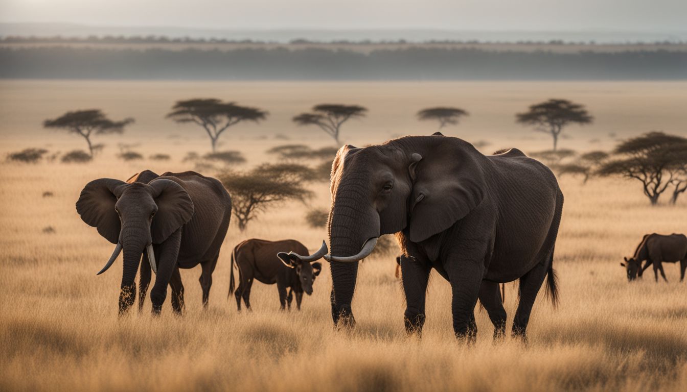 A group of grazing herbivores in a vast savanna landscape. A group of grazing herbivores in a vast savanna landscape.