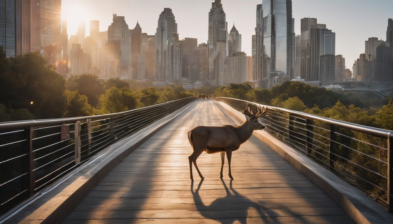 A family of deer crosses an eco-bridge in a city. A family of deer crosses an eco-bridge in a city.