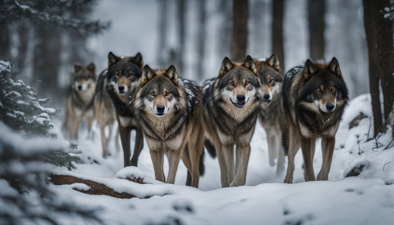A pack of wolves roaming through a dense forest captured in a wildlife photograph. A pack of wolves roaming through a dense forest captured in a wildlife photograph.