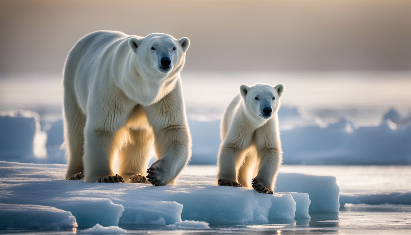 A polar bear mother and cub walking on melting Arctic ice floe. A polar bear mother and cub walking on melting Arctic ice floe.