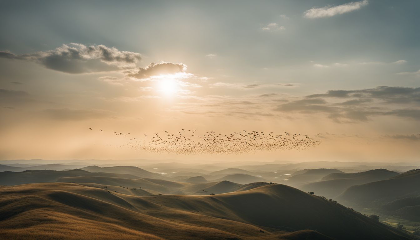 A diverse flock of birds flying over a varied landscape. A diverse flock of birds flying over a varied landscape.