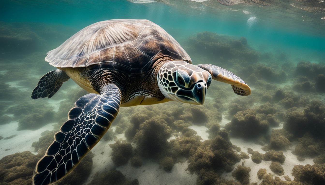 A sea turtle surrounded by plastic debris in the ocean. A sea turtle surrounded by plastic debris in the ocean.