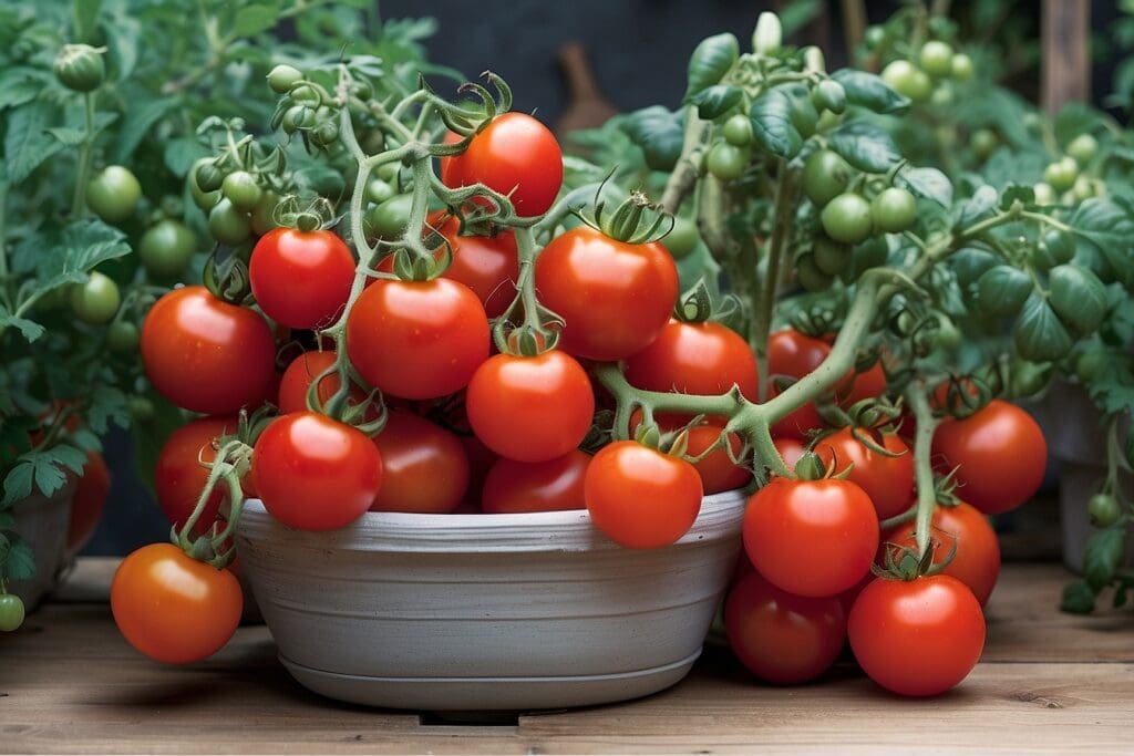 A bowl brimming with ripe red tomatoes sits gracefully on a wooden surface, nestled amidst lush tomato plants.