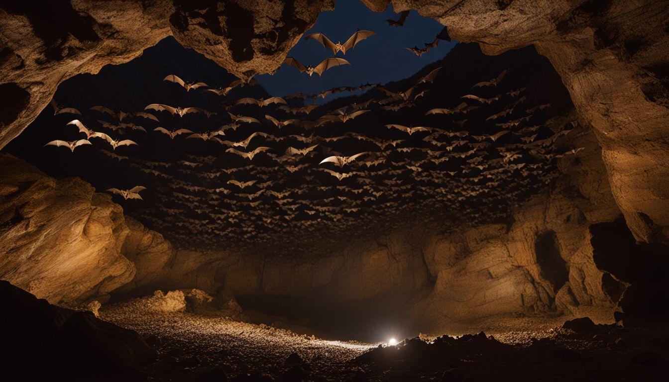 A colony of bats hanging upside-down in a dimly lit cave. A colony of bats hanging upside-down in a dimly lit cave.