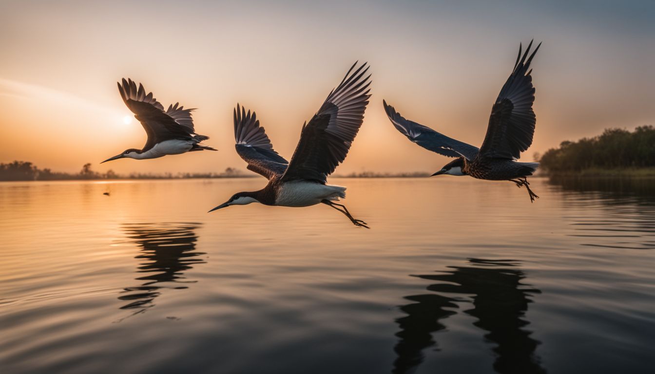 A flock of migratory birds flying over a serene lake at dusk. A flock of migratory birds flying over a serene lake at dusk.