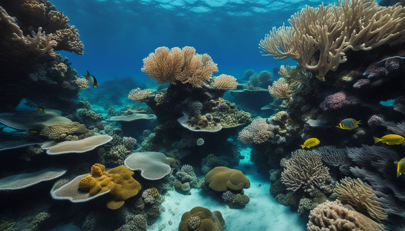 A vibrant coral reef teeming with marine life in clear waters. A vibrant coral reef teeming with marine life in clear waters.
