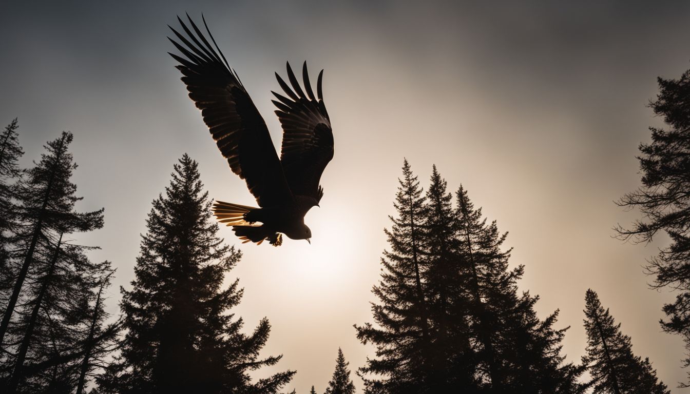 A hawk soaring over a dense forest in a wildlife photograph. A hawk soaring over a dense forest in a wildlife photograph.