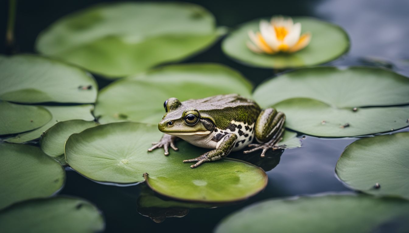 A frog sits on a lily pad in a dwindling wetland. A frog sits on a lily pad in a dwindling wetland.