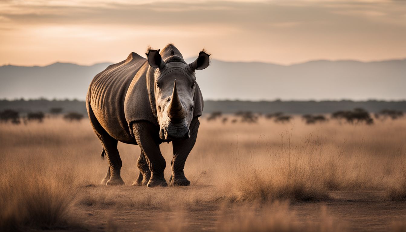 A single rhinoceros in a vast, dry savannah setting. A single rhinoceros in a vast, dry savannah setting.