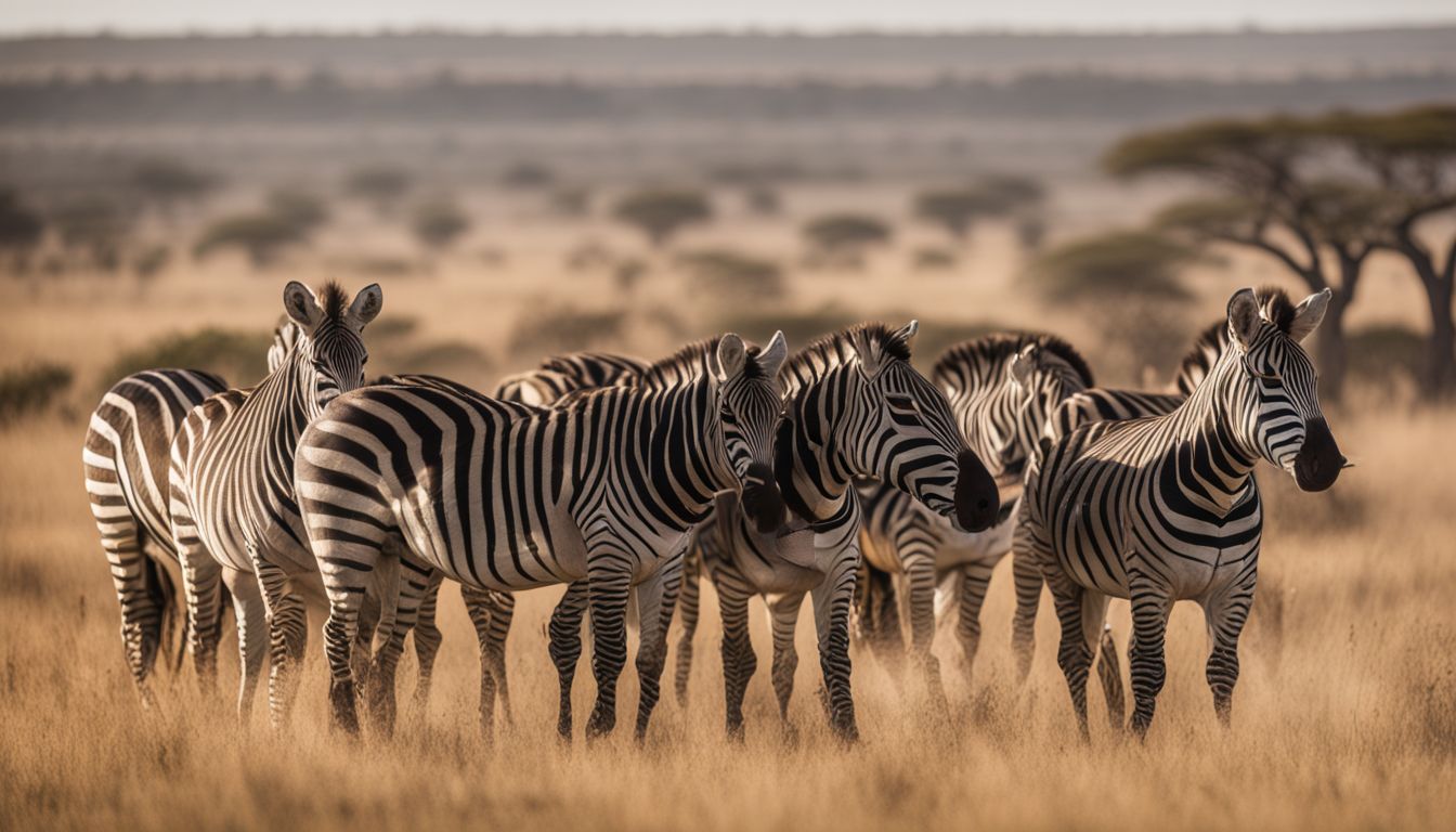 A herd of zebras grazing in the vast savanna landscape. A herd of zebras grazing in the vast savanna landscape.