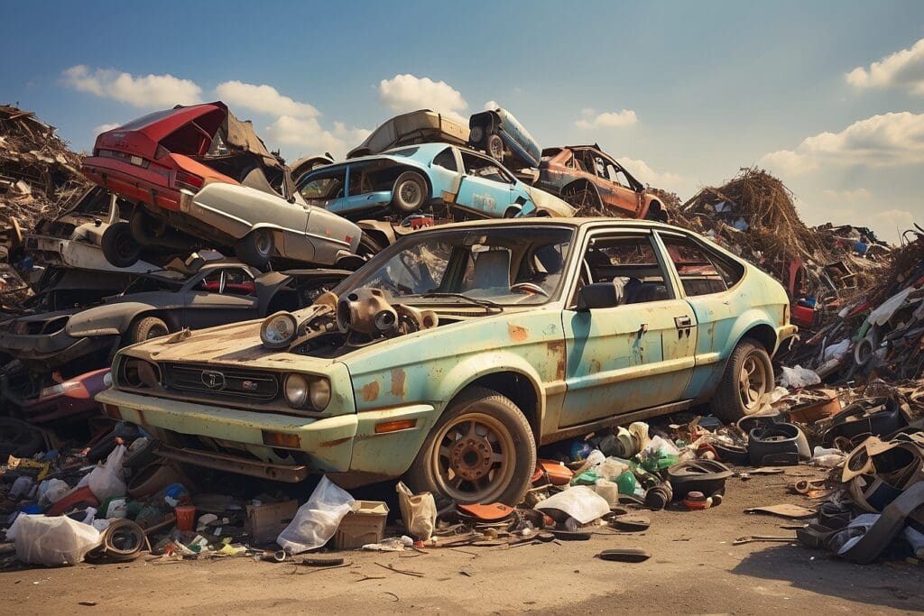 A pile of rusty, discarded cars in a junkyard under a clear sky highlights the importance of vehicle recycling. The focus is on an old blue car, surrounded by debris and scrap metal, symbolizing the potential for new beginnings through sustainable practices.