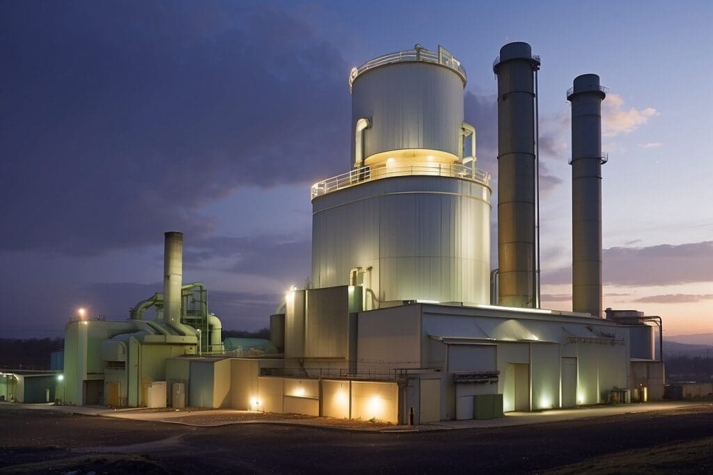 A large industrial power plant, featuring waste incinerators with illuminated towers and ducts, stands against a twilight sky.