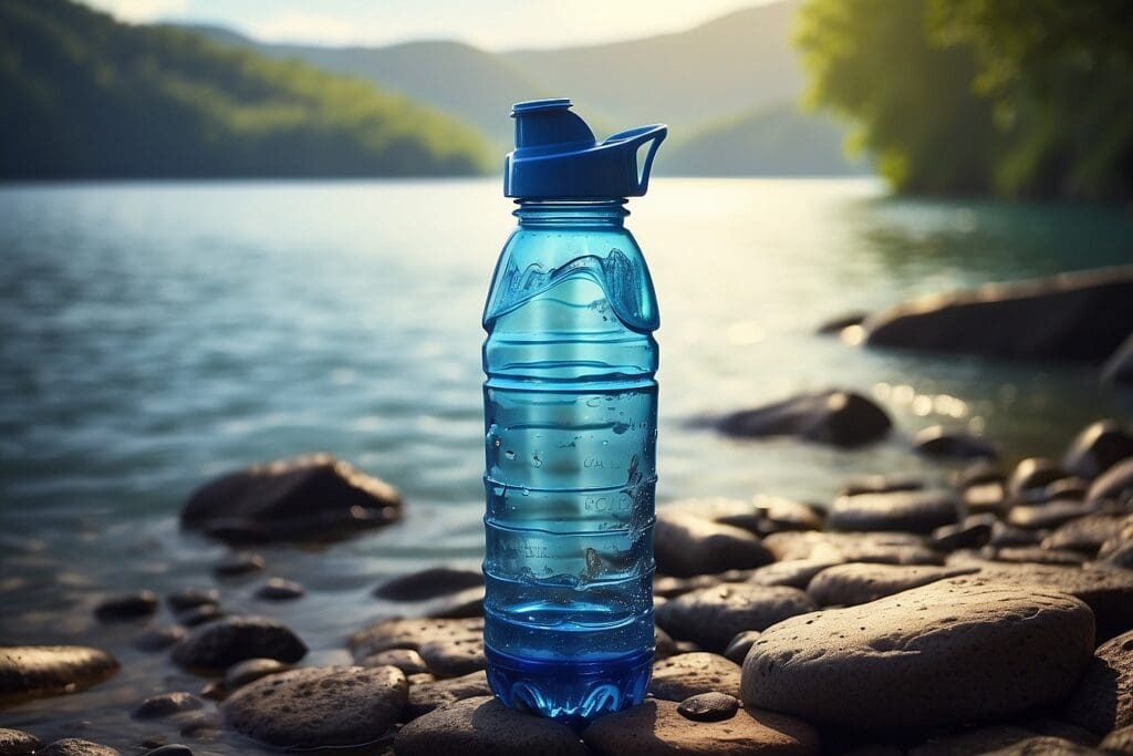 A blue water bottle with a flip-top lid sits on the rocky shore by a lake, with majestic mountains and trees in the background under a clear sky—a perfect testament to durable water bottles built for adventure.