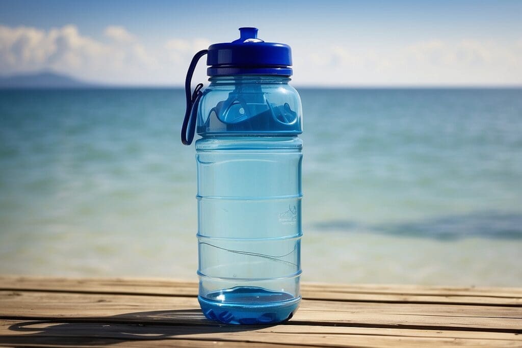 A large blue water bottle, from the premium collection of Water Bottles, sits elegantly on a wooden surface by the sea, under a clear sky.