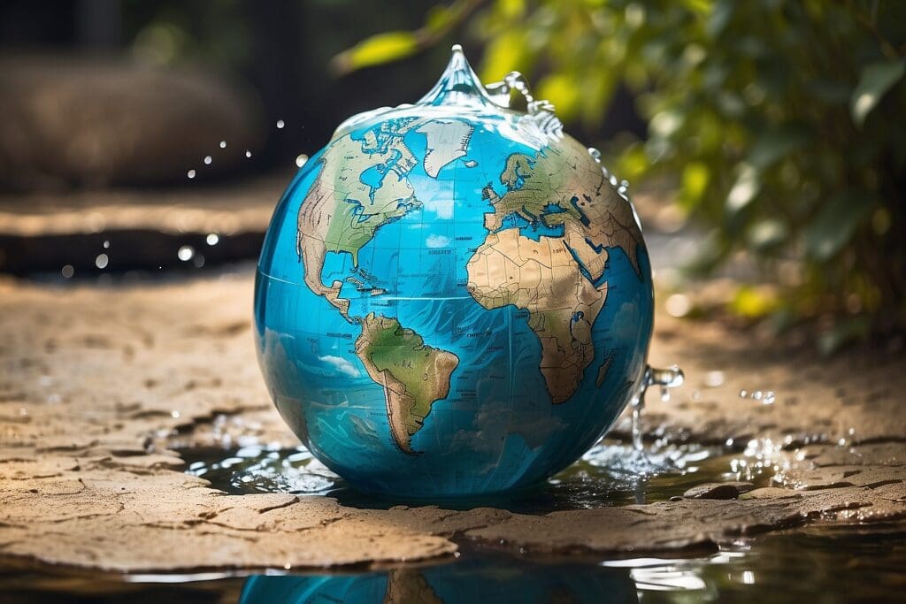 A globe depicting Earth appears to be made of water, placed in a natural outdoor setting with splashes around it, symbolizing the importance of water conservation.