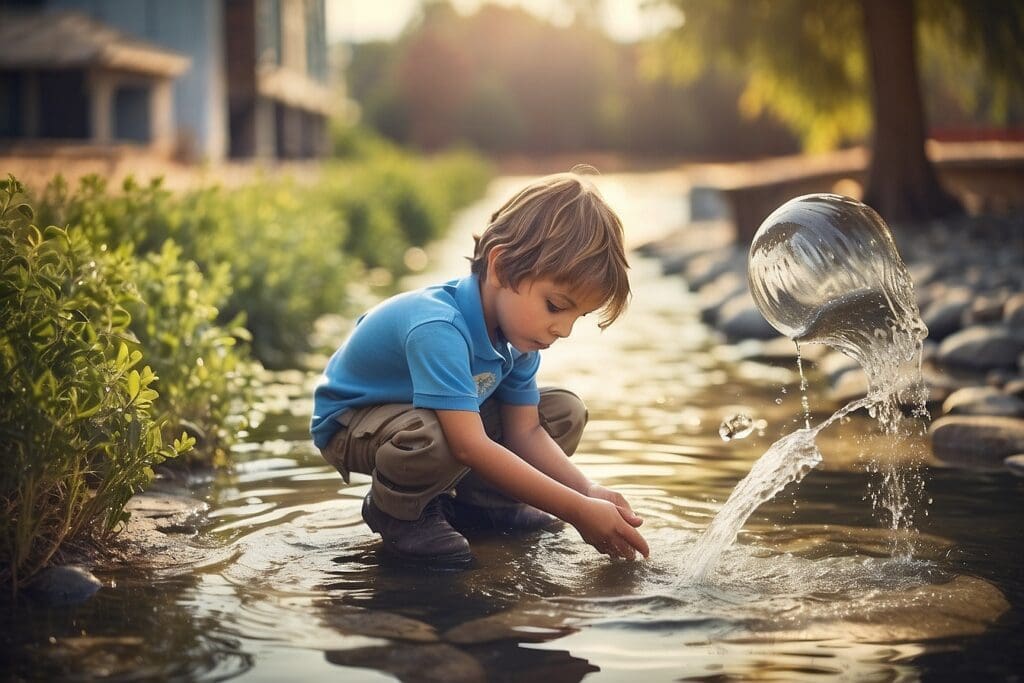 Under the sunny sky, a young boy in a blue shirt crouches by a stream, gently touching the water with his hands, embodying an early lesson in water conservation.