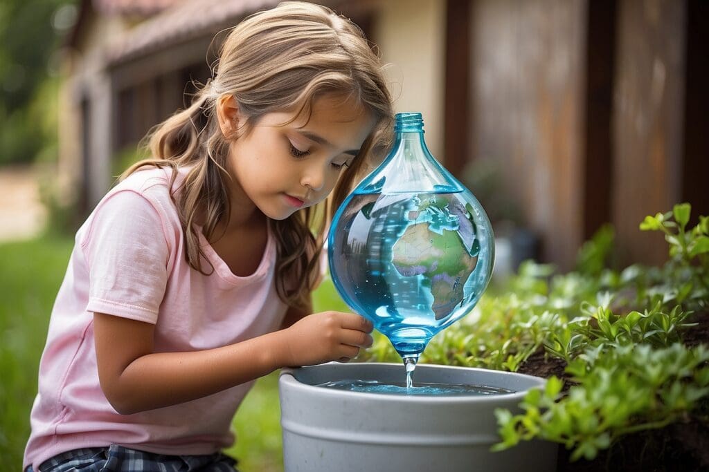 A young girl in a pink shirt is practicing water conservation by carefully filling a globe-shaped container from a grey bucket outdoors, surrounded by lush green plants.