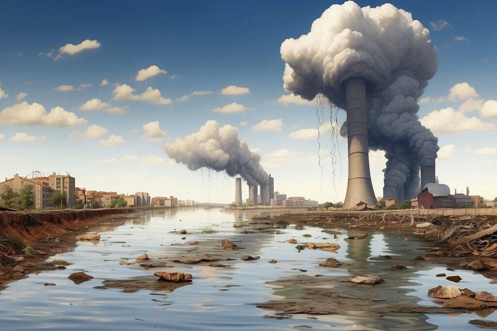 A river, marred by water pollution, courses through an industrial area where cooling towers emit smoke under a clear blue sky. The riverbank is lined with buildings and debris floating in its murky depths.