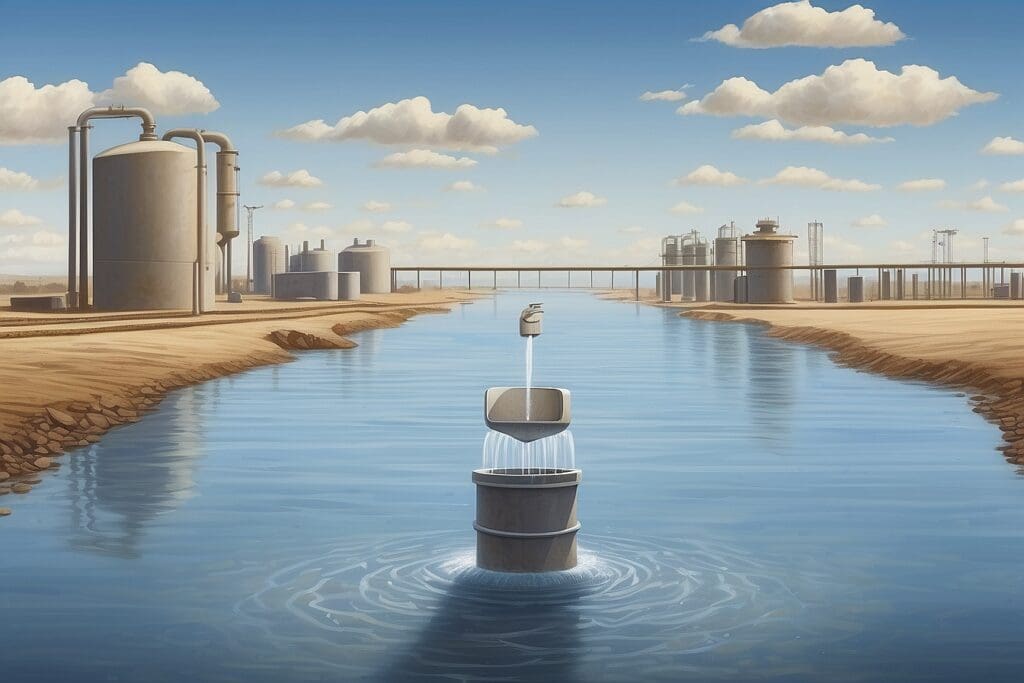 A single faucet, symbolizing the concept of water privatization, pours water from a barrel into a river within an industrial setting, surrounded by tanks and infrastructure under a partly cloudy sky.