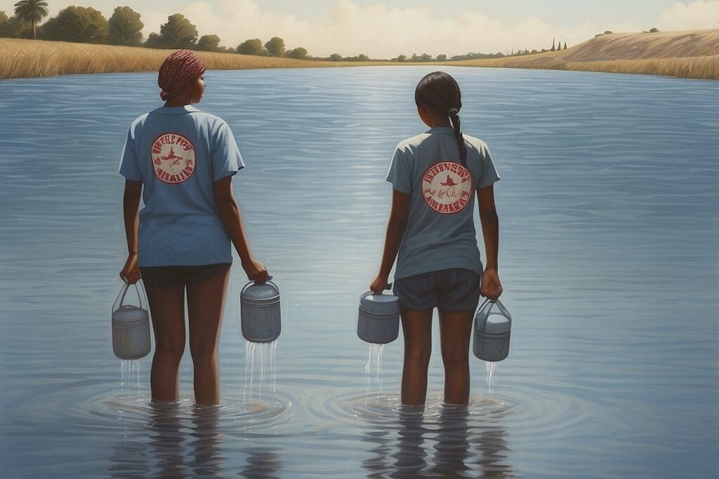 Two people stand in a river, wearing blue shirts with red star logos, holding buckets of water—a quiet nod to the debate on water privatization.