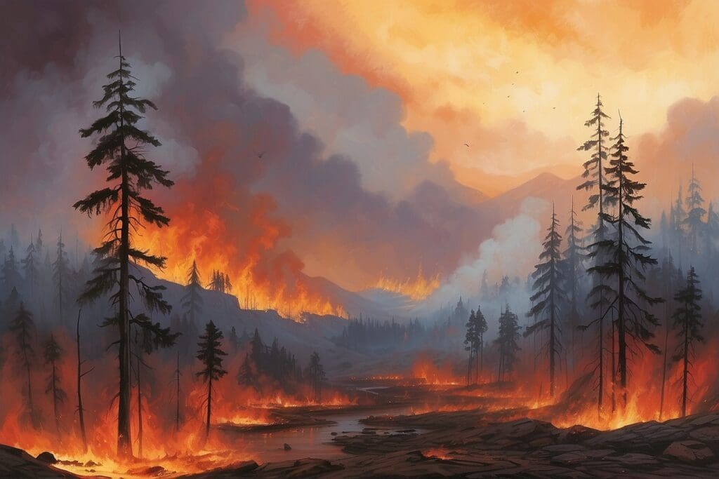 Wildfires consume the forest with fierce intensity, engulfing trees and casting smoke into the sky. The fiery landscape stretches across hills under an orange, smoky sky.