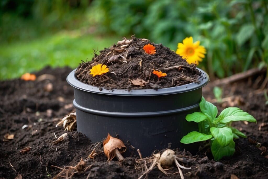 A black pot filled with rich soil and vibrant orange flowers sits amidst a lush garden, surrounded by greenery and nourished by compost, alongside a small plant.
