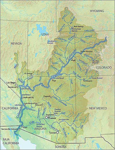 Map illustrating the expansive Colorado River basin, highlighting its intricate network of tributaries. Also depicted are the surrounding states: California, Nevada, Utah, Arizona, Colorado, New Mexico, and Wyoming.