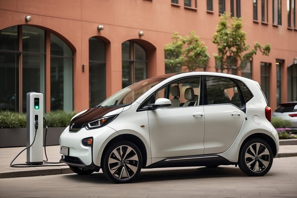 A compact white electric vehicle is parked and charging at a city sidewalk station.