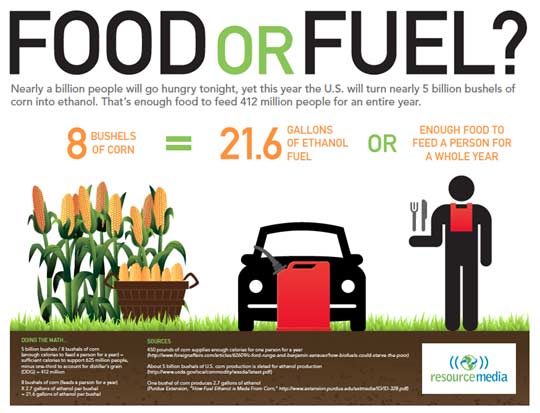 Infographic illustrating the food and fuel debate: 8 bushels of corn yield 21.6 gallons of ethanol or can sustain a person for a year, highlighting the critical choices in resource allocation.