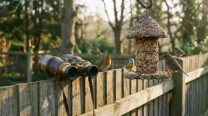 Binoculars and a bird feeder on a garden fence with small garden birds, ideal for bird watching