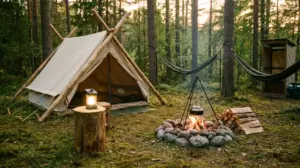 An eco-friendly forest campsite with a canvas tent, solar lantern, and a stone-ringed campfire