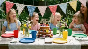 Children celebrating a birthday party with colourful reusable plates, cups, and cloth bunting