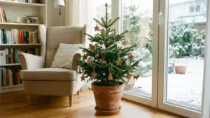 A small potted living Christmas tree decorated with wooden ornaments, an eco-friendly alternative to cut trees