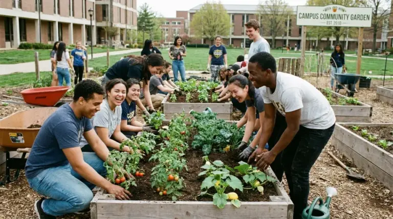 University students working together in a campus community garden, planting vegetables