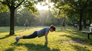 A person doing an outdoor bodyweight workout in a sunny park as part of a green gym routine