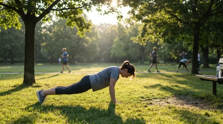 A person doing an outdoor bodyweight workout in a sunny park as part of a green gym routine