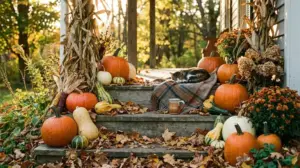 Naturally decorated autumn porch with pumpkins, gourds, and dried corn husks for an eco-friendly Halloween