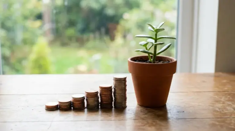 A small potted plant beside ascending stacks of coins, symbolising growth in green investing