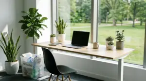 A bright office desk with potted plants, natural light, and a labelled recycling bin