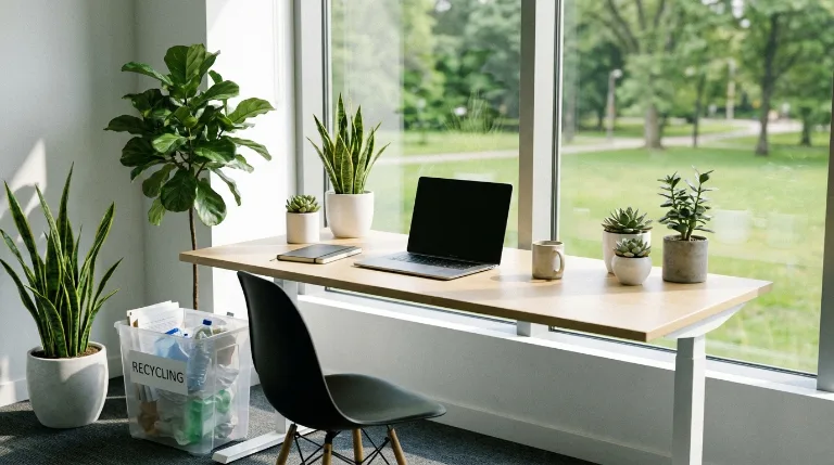 A bright office desk with potted plants, natural light, and a labelled recycling bin