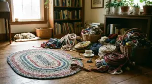 A handmade braided rug on a wooden floor surrounded by baskets of coiled fabric strips