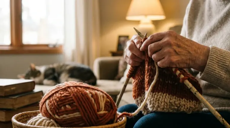 Hands knitting with wooden needles and chunky wool yarn in a cosy, warmly lit room