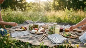 A sustainable picnic spread with glass jars, wooden cutlery, and cloth napkins in a wildflower meadow