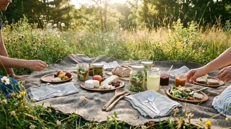 A sustainable picnic spread with glass jars, wooden cutlery, and cloth napkins in a wildflower meadow