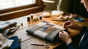 A handmade patchwork fabric gadget case being sewn by hand on a wooden desk