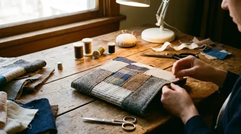 A handmade patchwork fabric gadget case being sewn by hand on a wooden desk