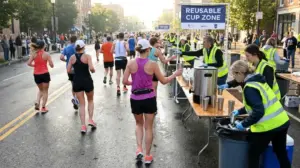 Marathon runners passing a "Reusable Cup Zone" water station instead of single-use plastic cups