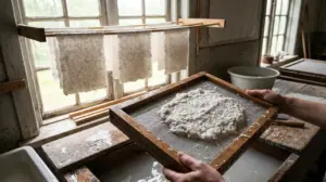 Handmade paper pulp on a mould and deckle, with drying sheets of recycled paper hanging by a window